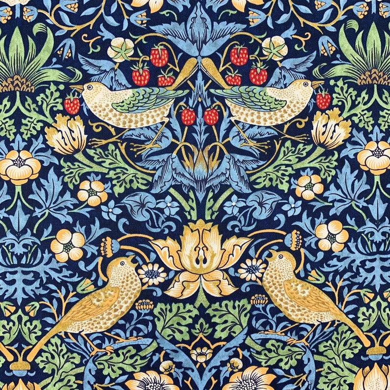 May include: A detailed fabric pattern featuring stylized birds, strawberries, and floral elements in shades of gold, green, blue, and red against a dark navy background. The design is symmetrical, with birds perched among the foliage.