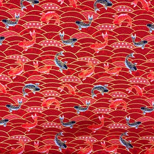 Oriental Fish Fabric, Carp, Japanese Asian Chinese, Red Gold Metallic ...