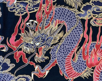 Tela de dragones japoneses orientales asiáticos chinos negros rojos dorados
