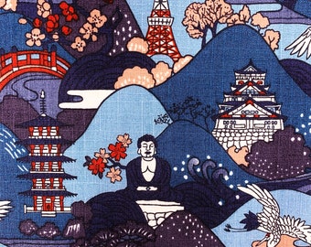 Japanese fabric, Buddha and Cranes fabric, blue, oriental cotton, by the metre, fat quarter