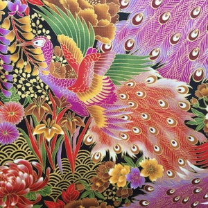 Japanese fabric, peacock fabric, metallic birds, gold silver purple floral, oriental cotton, chrysanthemum, by the metre