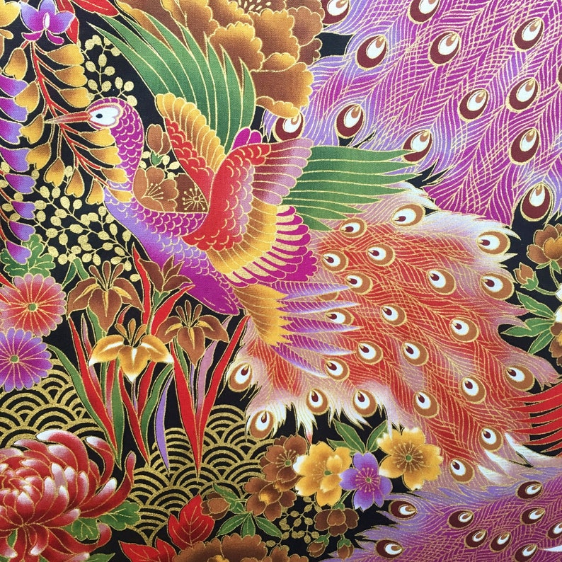 Japanese Fabric Peacock Fabric Metallic Birds Gold Silver Etsy UK