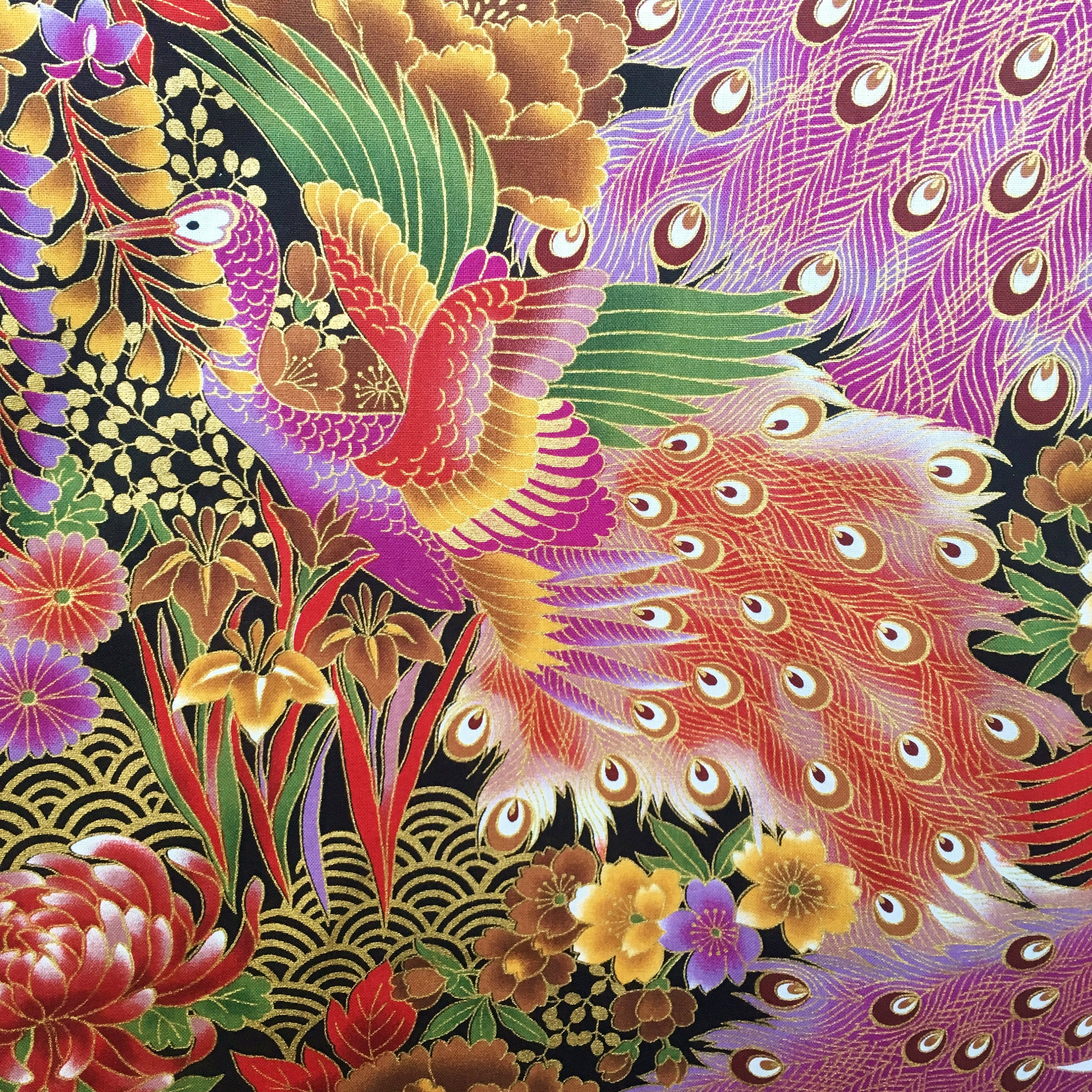 Japanese Fabric Peacock Fabric Metallic Birds Gold Silver Etsy UK