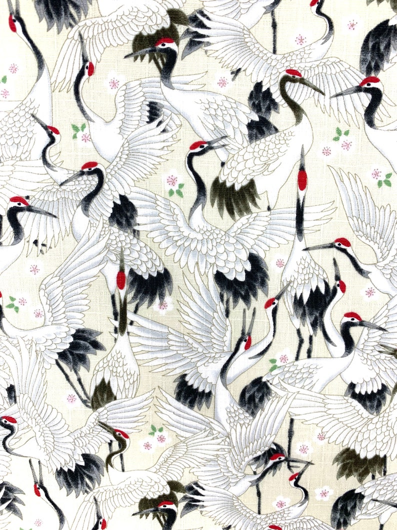 Cranes & Chrysanthemum fabric Japanese brown gold stork heron Chinese Oriental 