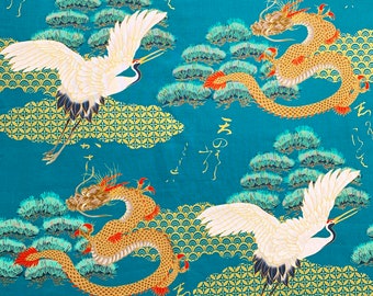 Tela japonesa de dragones y grullas, cigüeña garza, algodón oriental asiático chino turquesa, dorado, por metros