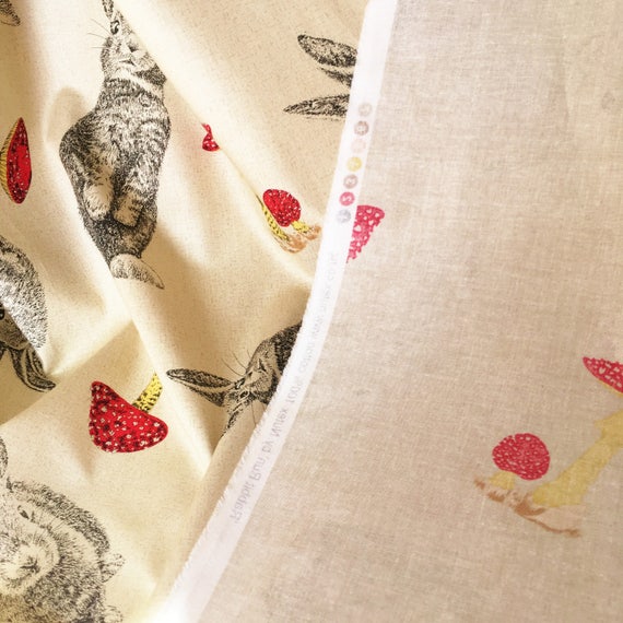 linen look Rabbit fabric bunny toadstools woodland animal fabric cotton