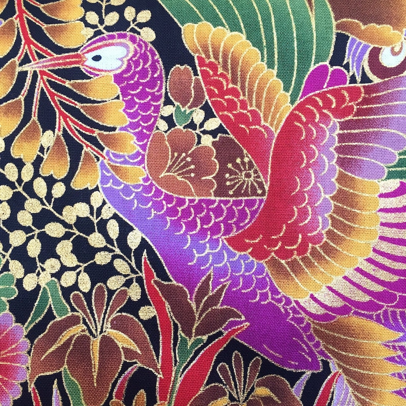 Japanese Fabric Peacock Fabric Metallic Birds Gold Silver Etsy UK