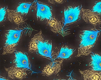Peacock feather fabric, Japanese Chinese Chinoise oriental asian style fabric, bird feather, black gold cotton