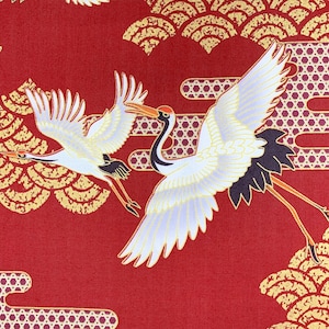 Japanse stof, kraanvogels reigers ooievaars, metalen vogels, rood goud, oosters Chinees Aziatisch katoen, per meter, vet kwart