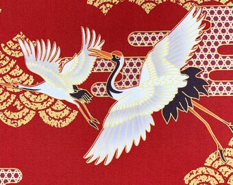 Tela japonesa, grullas garzas cigüeñas, pájaros metálicos, oro rojo, algodón asiático chino oriental, por metro, cuarto gordo