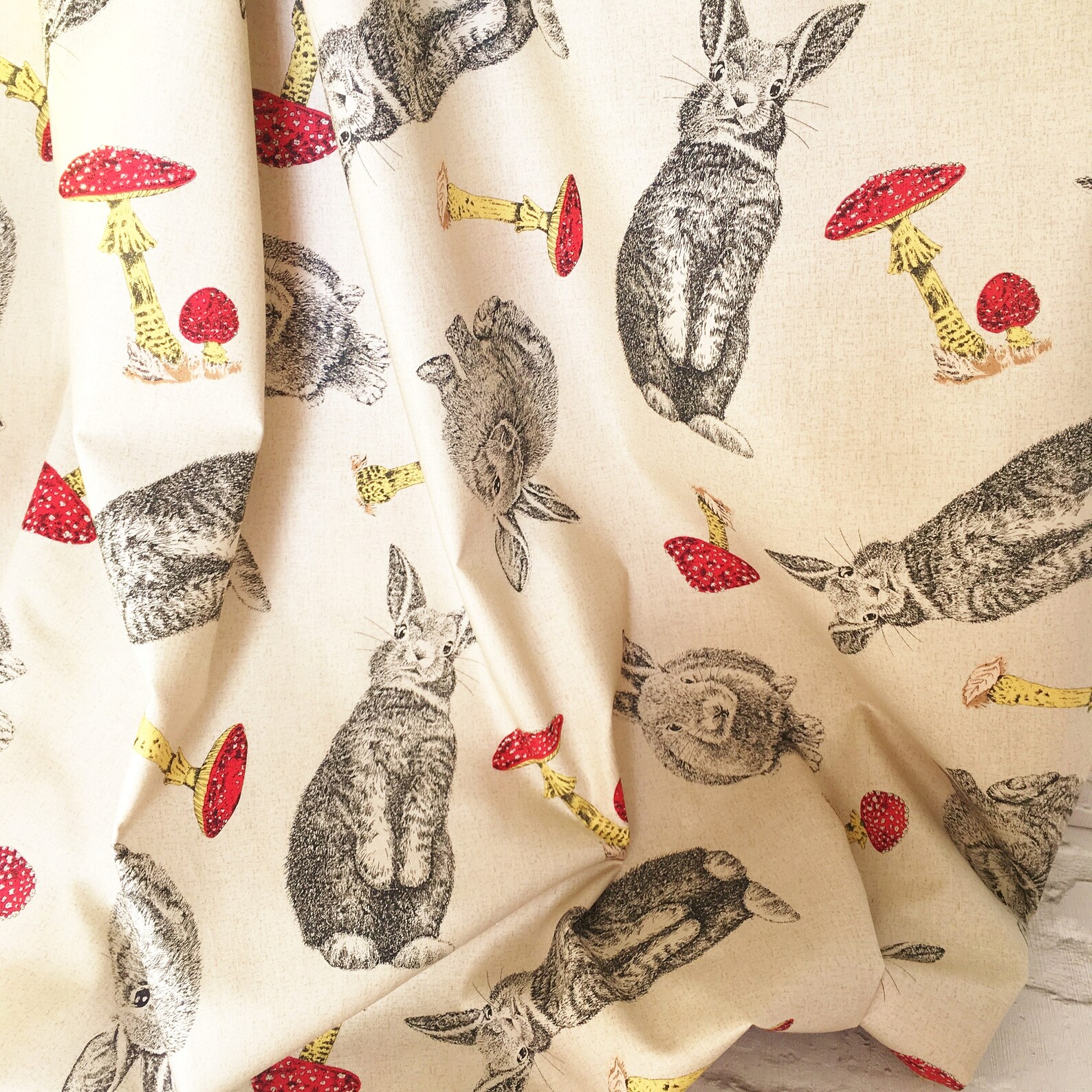 Rabbit fabric rabbits & toadstools bunny fabric country Etsy