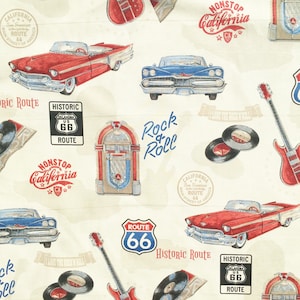 Rock n Roll fabric, retro, fifties, 50s, 1950s, rockabilly, route 66, jukebox, music, American, vintage style, musical, cadillac, guitar