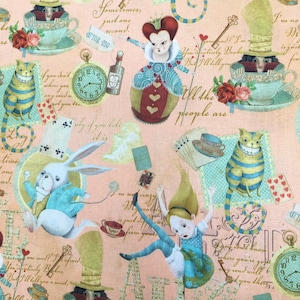 Alice in Wonderland fabric, children&#39;s  cotton, ochre or peach, by the metre, fat quarter