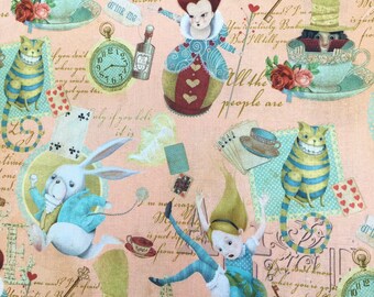 Alice in Wonderland fabric, children's  cotton, ochre or peach, by the metre, fat quarter