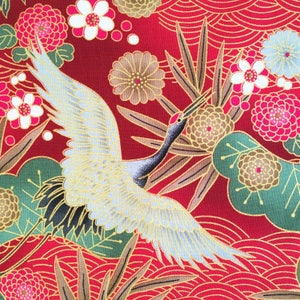 Japanese fabric, cranes fabric, metallic birds, gold floral, oriental chinese style cotton, red floral, by the metre, fat quarter