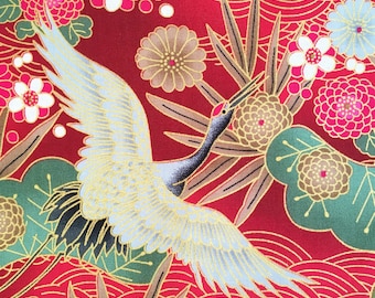 Tela japonesa, tela de grullas, pájaros metalizados, flores doradas, algodón estilo chino oriental, flores rojas, por metro, cuarto gordo