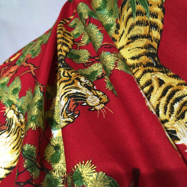 Tiger Fabric, Japanese Fabric, Red and Metallic Gold, Oriental Chinese ...