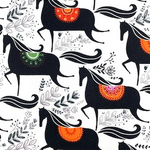 Horses cotton fabric folk art style horse material