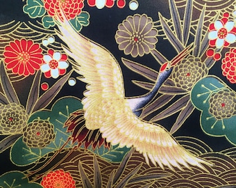 Tela japonesa, tela de grullas, pájaros metalizados, flores doradas, algodón oriental, floral, por metro, fat quarter