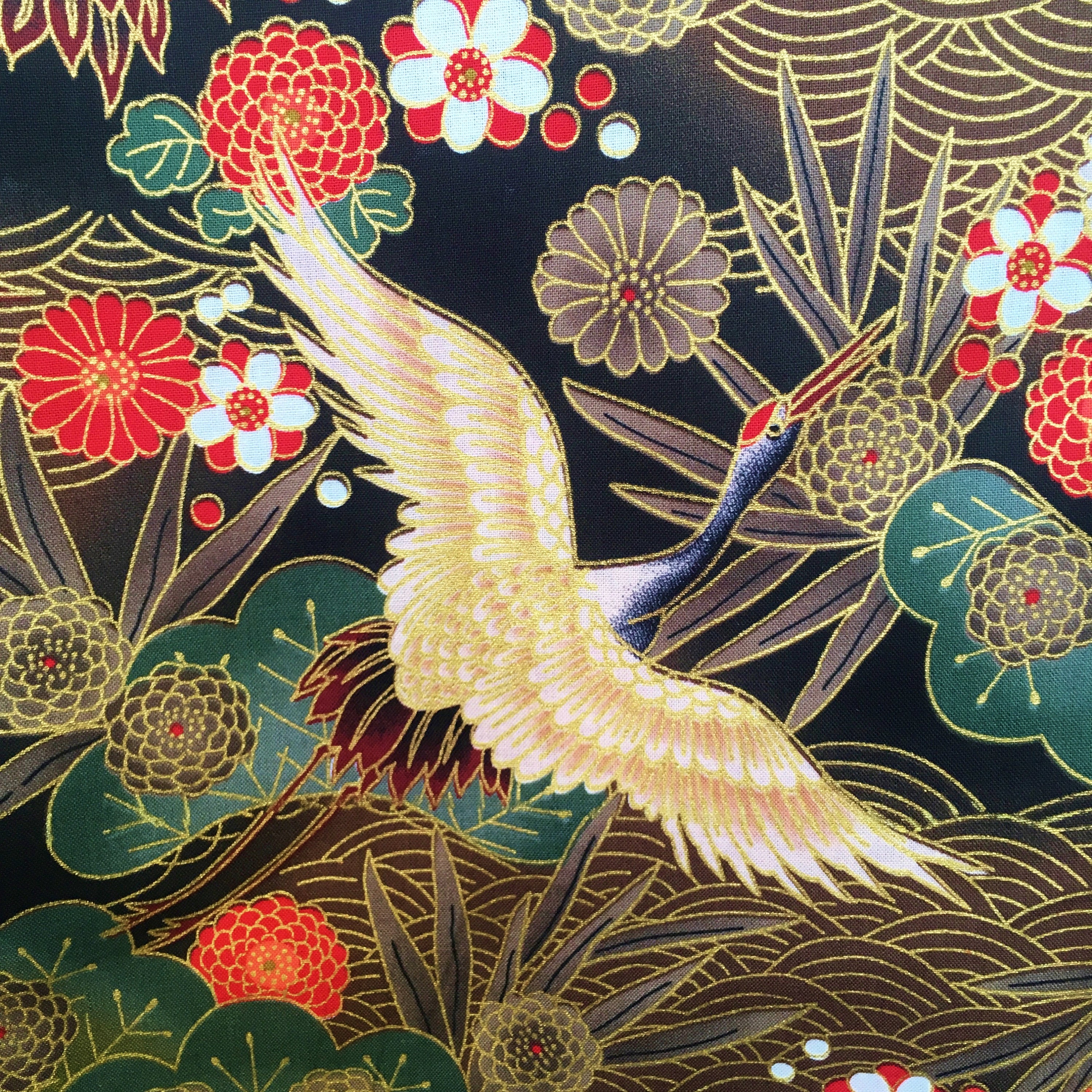 Japanese fabric, cranes fabric, metallic birds, gold floral, oriental…