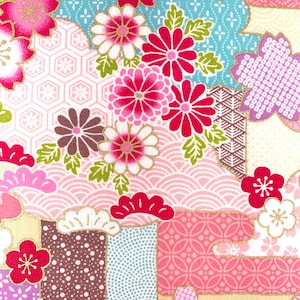 Oriental floral fabric, pink gold, Japanese chinese asian cotton, by the metre