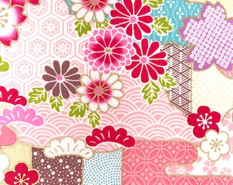 Oriental floral fabric, pink gold, Japanese chinese asian cotton, by the metre
