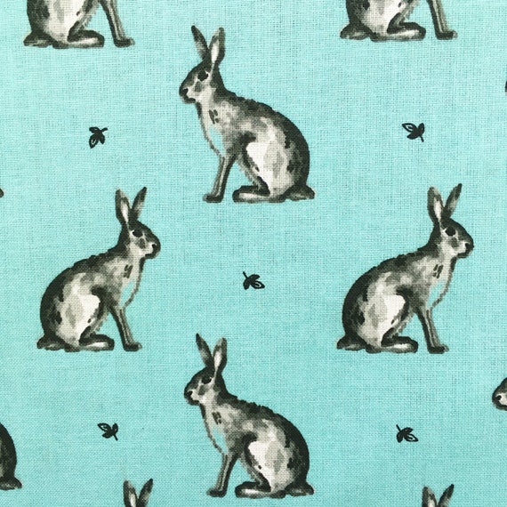 linen look Rabbit fabric bunny toadstools woodland animal fabric cotton