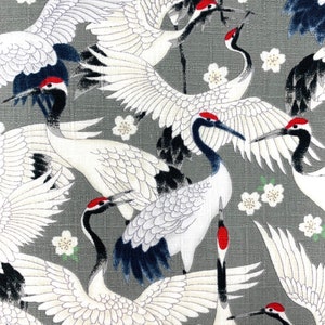Cranes fabric, Japanese heron stork, grey white birds, Chinese, Asian or Oriental fabric