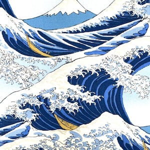 Japanese great wave fabric, cotton, Kanagawa Hokusai sea, blue Fuji