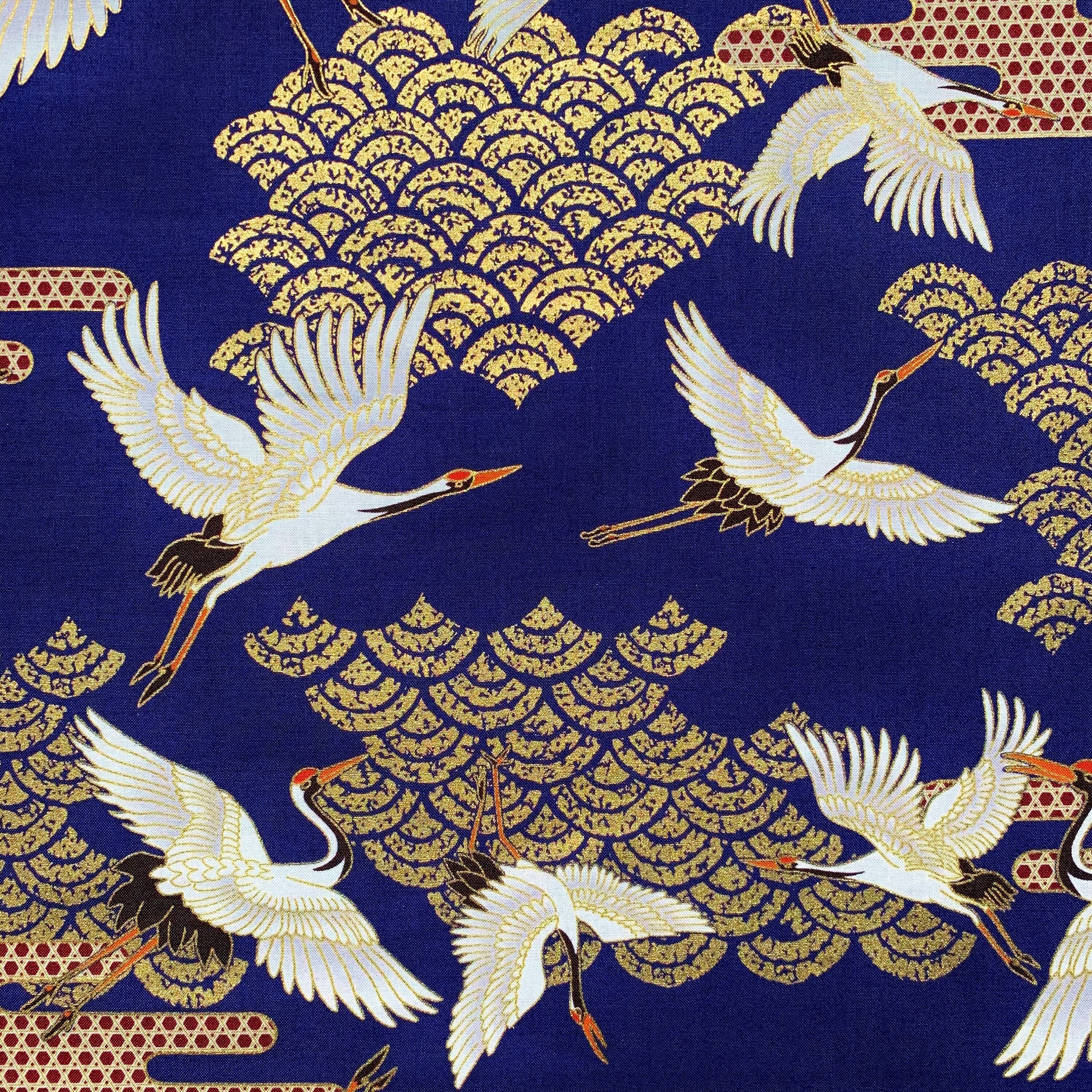 Tissu Japonais Grues H rons Cigognes Oiseaux M talliques Or Bleu tissu-japonais-grues-h-rons-cigognes-oiseaux-m-talliques-or-bleu