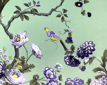 Bird Garden-stof, fluweelfluweel, blauwgroen bloemenprint voor meubels