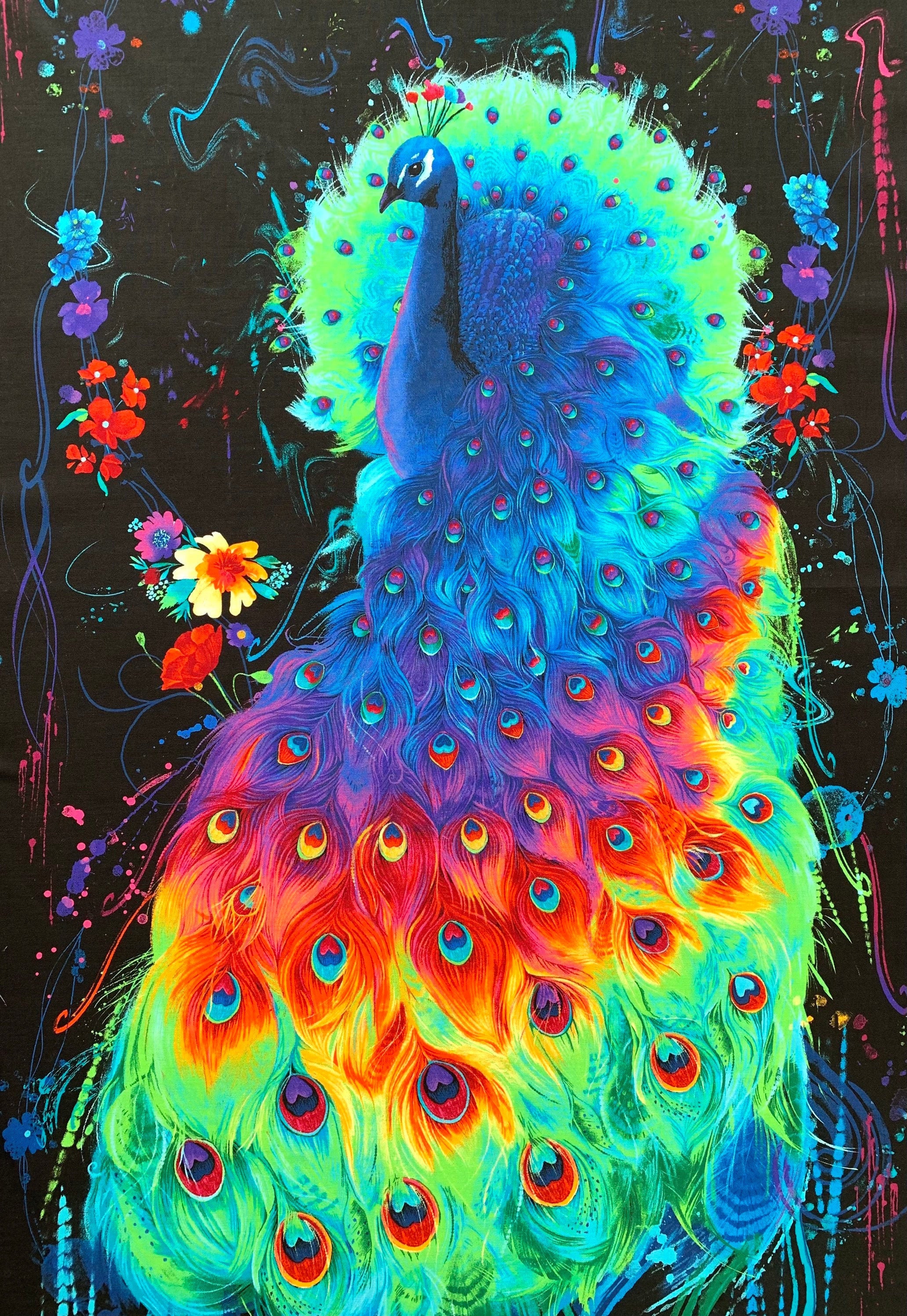 Peacock Fabric Panel, Multicoloured Bird, Japanese Chinese