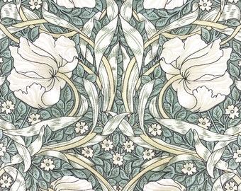 May include: A vintage floral pattern wallpaper with a repeating design of white flowers, green leaves, and yellow ribbons. The background is a light blue-green color.