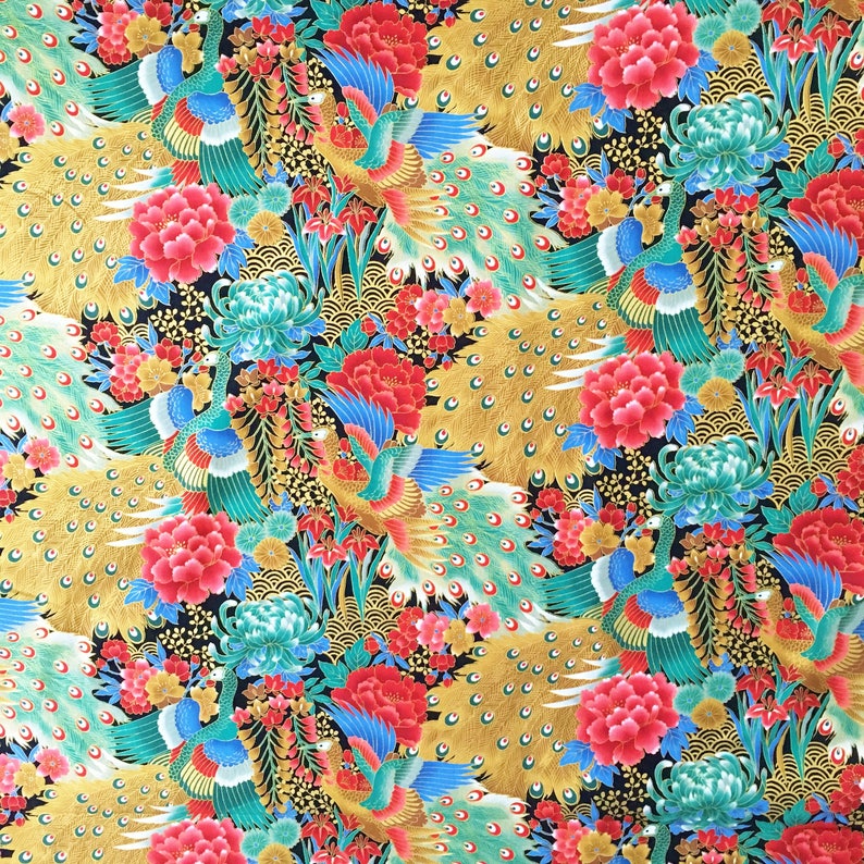 Japanese Fabric Peacock Fabric Metallic Birds Gold Silver Etsy UK