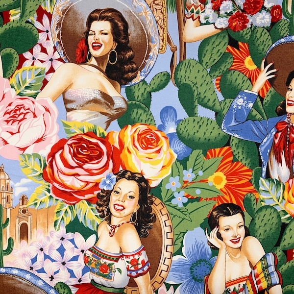 Tissu Las Senoritas, coton rétro Alexander Henry, pin-up mexicaines