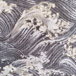 May include: Close-up of a fabric with a Japanese wave pattern. The design features stylized waves in shades of grey, white, and gold. The fabric has a textured appearance, with visible vertical and horizontal lines.