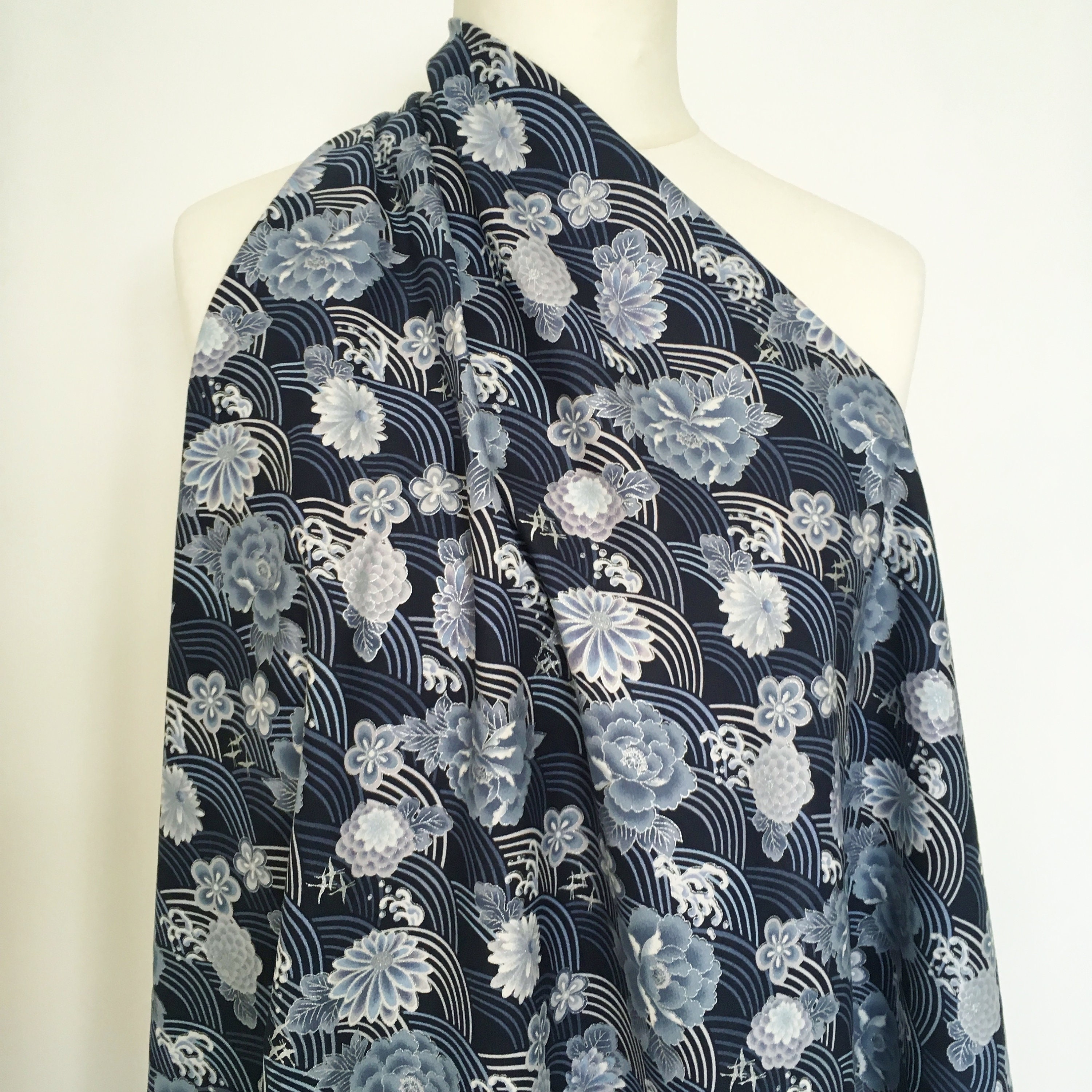 Oriental Floral Fabric Grey Blue Silver Japanese Chinese - Etsy UK