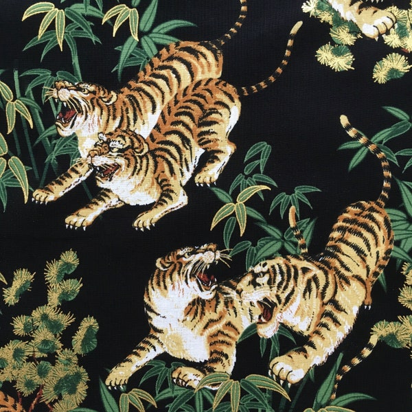 Tissu tigre, tissu japonais, noir et or métallique, coton asiatique oriental chinois
