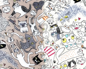 Tela de gatos, divertido material de algodón Crazy Cats, estampado animal gatito, para acolchar y manualidades