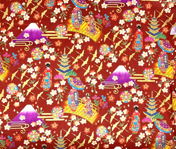 Tissu Coton Français Geisha - Motif Rose, Orange, Gris Sur Fond Rouge - Oeko-Tex