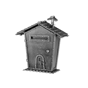 May include: A black metal mailbox shaped like a house with a small door and a slot for mail. The mailbox has a textured surface and a roof with a chimney.