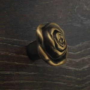 Könnte beinhalten: Ein goldfarbener, rosenförmiger Schrank-Knopf mit schwarzem Sockel.