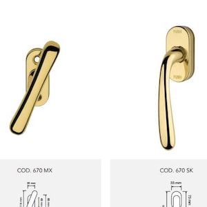 Op de afbeelding: Drie gouden raamgrepen in verschillende stijlen. De grepen worden getoond tegen een witte achtergrond met tekst die de productcode en de afmetingen in millimeters bevat.
