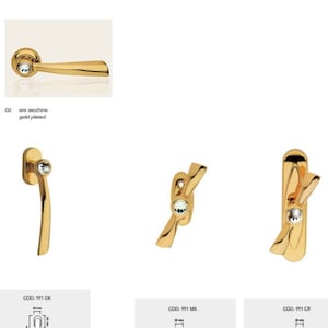 Könnte beinhalten: Goldbeschichtete Tür- und Fenstergriffe mit Kristallakzenten. Das Bild zeigt verschiedene Designs, darunter einen Türgriff und verschiedene Fenstergriffstile. Der Text im Bild lautet "oro zecchino gold plated".