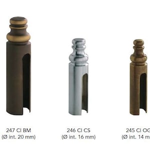 May include: Three metal finials in different finishes: brass, chrome, and antique gold. The finials have a decorative top and a slot in the middle. The text below each finial indicates the internal diameter in millimetres.