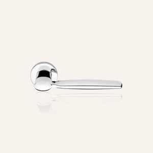 May include: A chrome door handle with a round knob and a long, straight lever. The handle is designed for a single door.