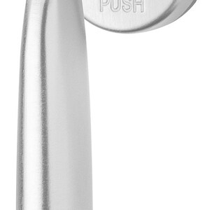 May include: A silver door handle with a rounded, smooth handle and a rectangular push plate. The push plate has the word "PUSH" embossed on it twice.
