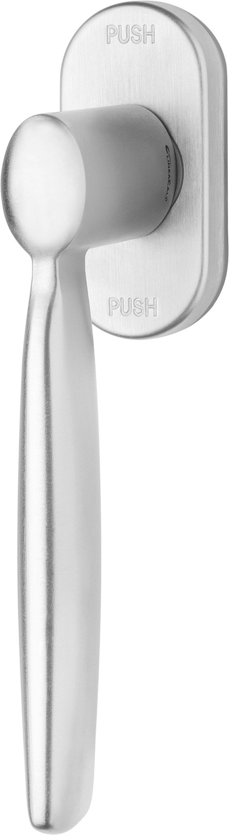 May include: A silver door handle with a rounded, smooth handle and a rectangular push plate. The push plate has the word "PUSH" embossed on it twice.