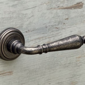 Può includere: Una maniglia per porta argentata con un design arrotondato e decorato. La maniglia ha una finitura anticata e una rosetta decorativa.