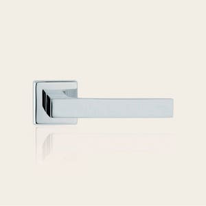 May include: A silver door handle with a square base and a rectangular lever.